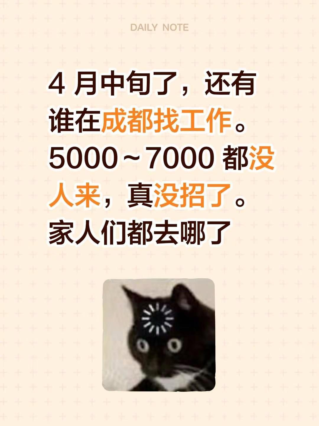 4 月中旬了，还有谁在成都找工作。5000～7000 都没人来，真没招了。家人们