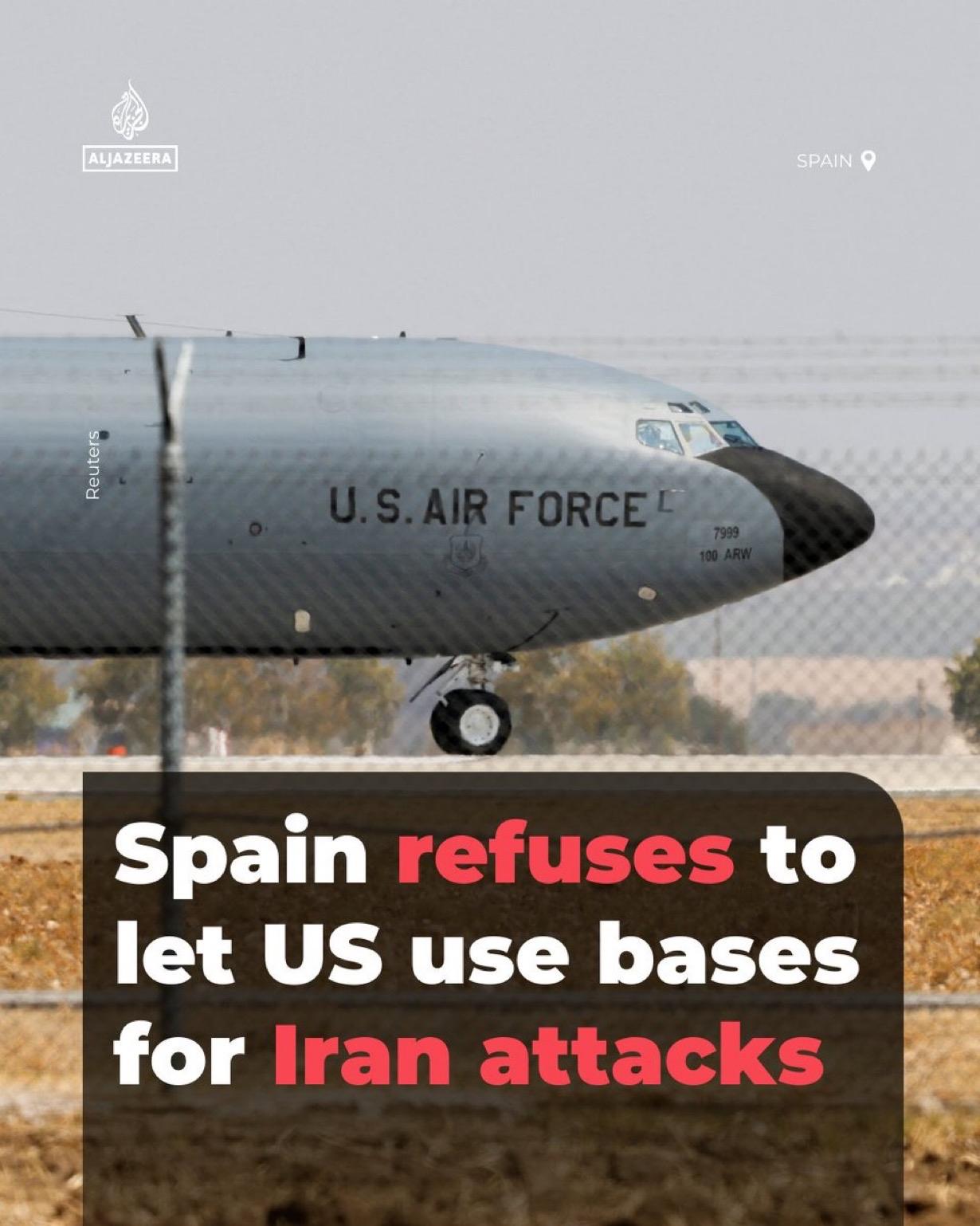 西班牙表示，现在不允许，将来也不会允许美国利用位于西班牙领土上的联合军事基地对伊