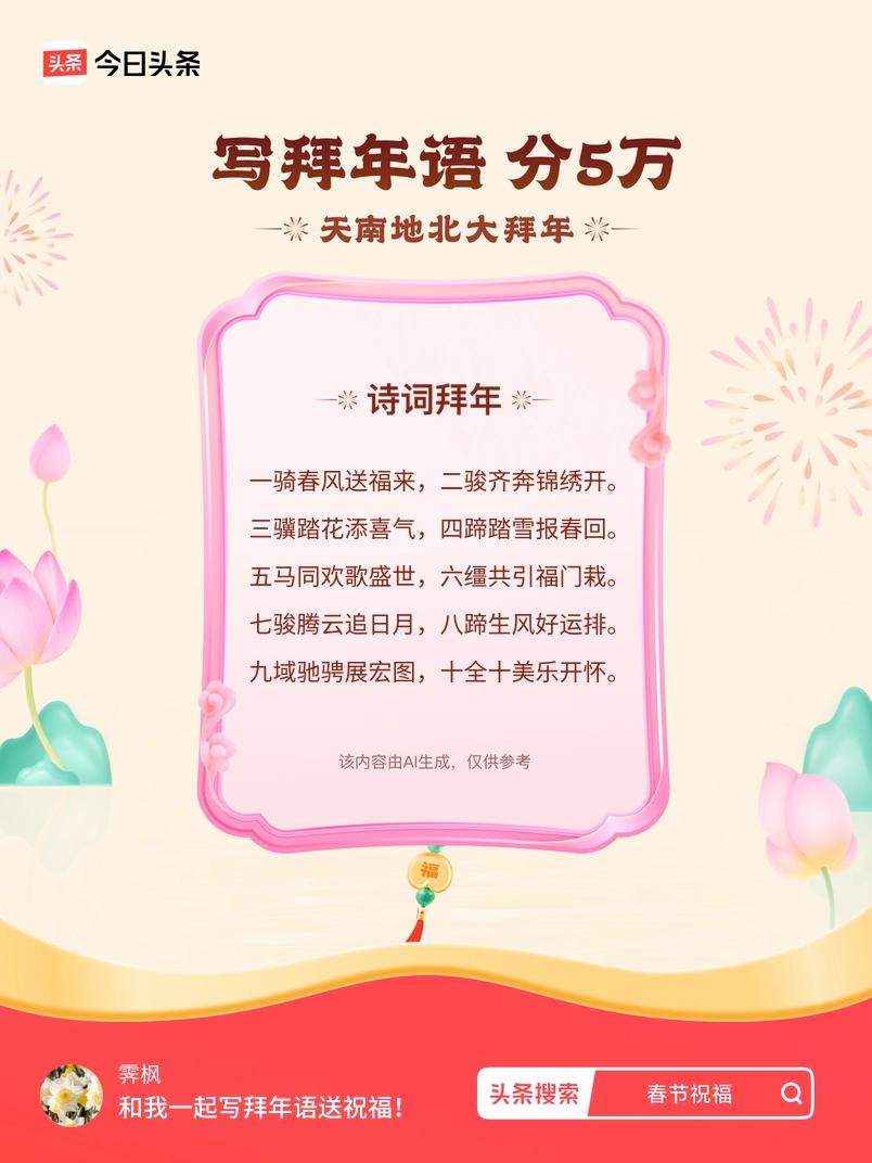 写拜年语送祝福新春拜年送祝福！我的祝福是：“一骑春风送福来，二骏齐奔锦绣开。三骥
