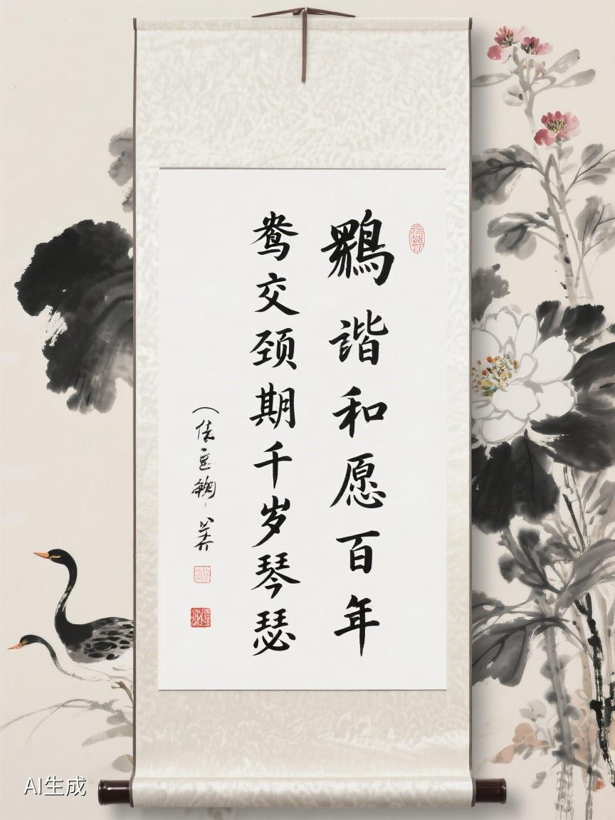 AI妙生图水墨百花衬柔美飘逸之书，‘鸳鸯交颈’愿语韵悠长，工稳排版尽显古风韵味