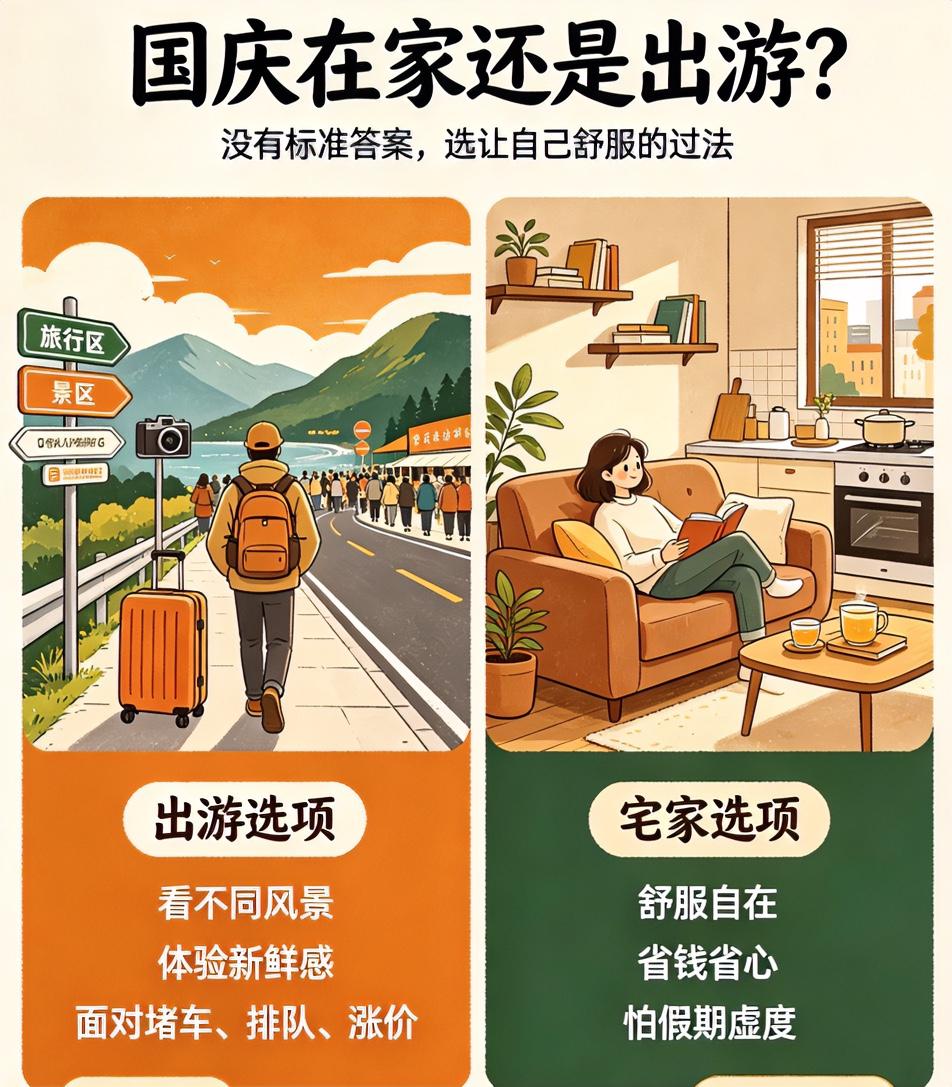 每到国庆长假，不少人都会纠结：究竟外出游玩还是居家休憩？

出门可以见识别样风光