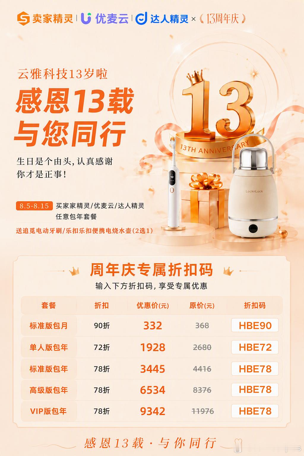 🎉卖家精灵13周年庆 来了！📅 8.5-8.15购买 买家精灵 / 优麦云 