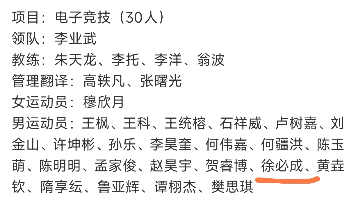 第20届亚运会中国体育代表团名单为徐必成选手加油！期待徐必成选手为国争光！ ​​