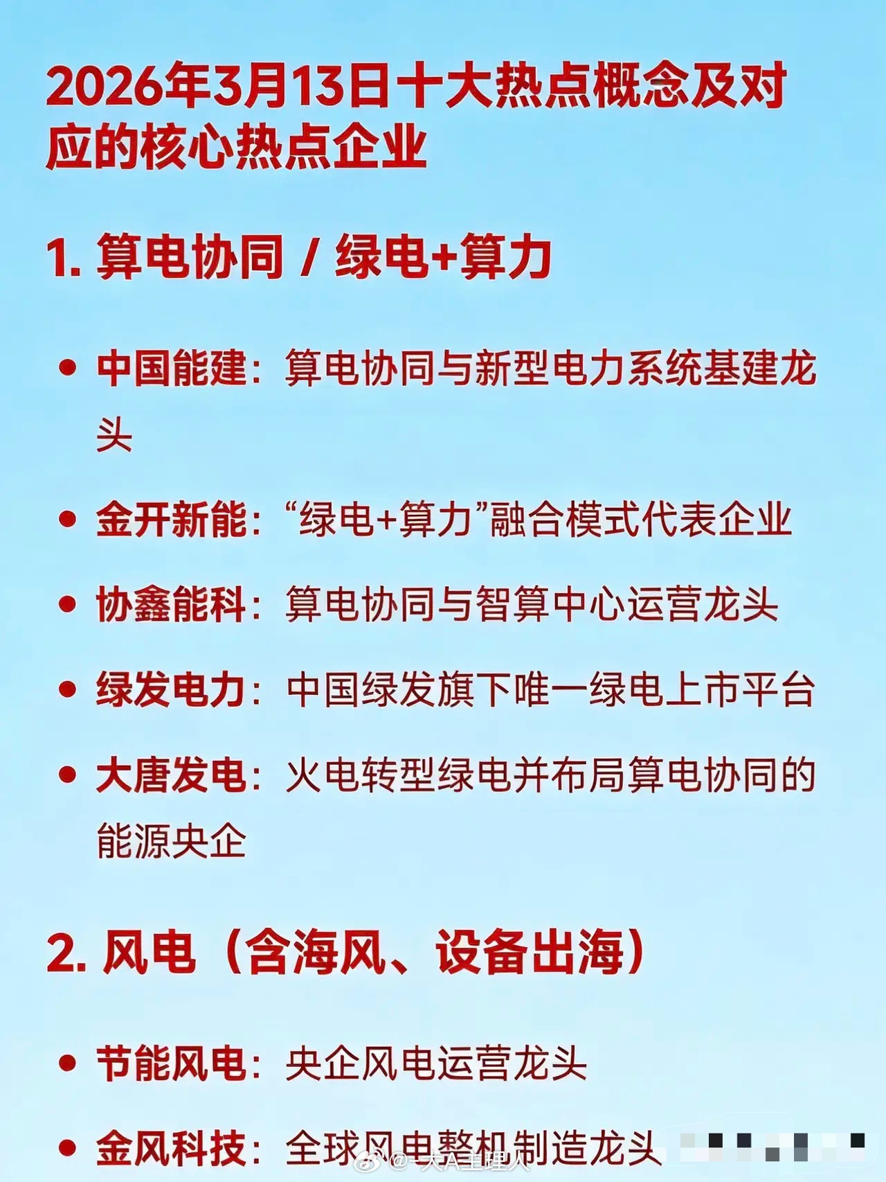 2026年3月13日十大热点概念及对应的核心热点企业1. 算电协同 / 绿电+算