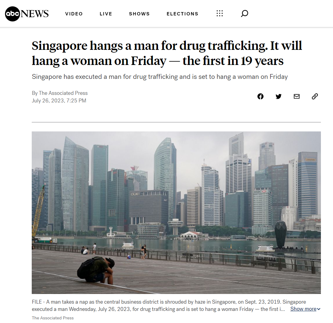 新加坡禁毒也强硬。刚刚绞死一名男毒贩，56岁，在樟宜监狱。罪犯于2018年因贩运