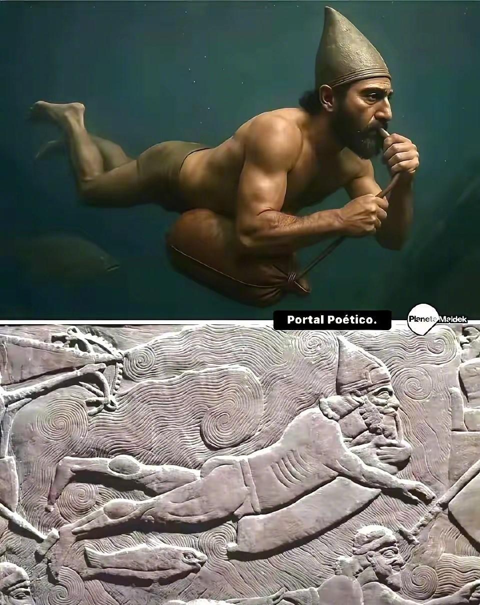 下图为亚述浮雕文物和视觉复原图。
在3000年前，亚述人便掌握了水下作战的技术，