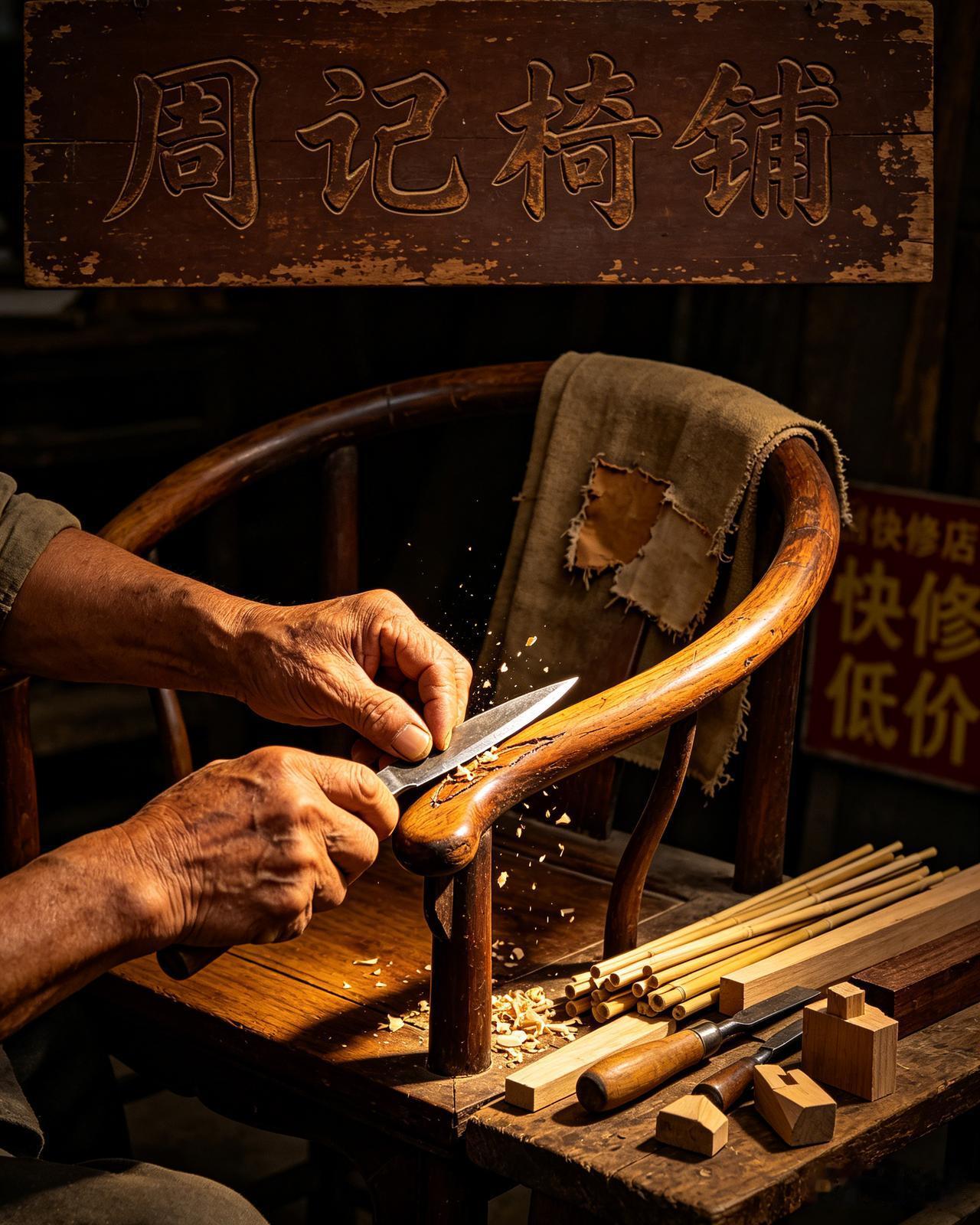 小区门口有两把椅子等着修，主人犯了难：一边是快修店，喊价50块，三天就能取，修完