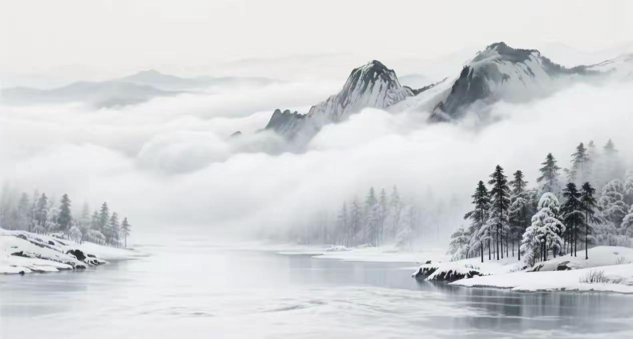 云裁素锦八千箩，
泻作江天万里波。
松涛欲化嶙峋雪，
妙笔丹青绘山河。