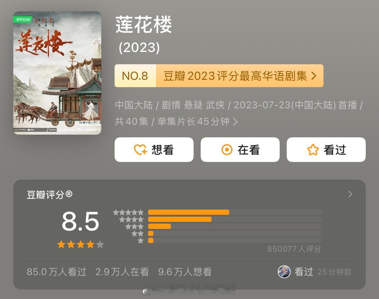 成毅莲花楼打分人数破85万了🔥 ​​​