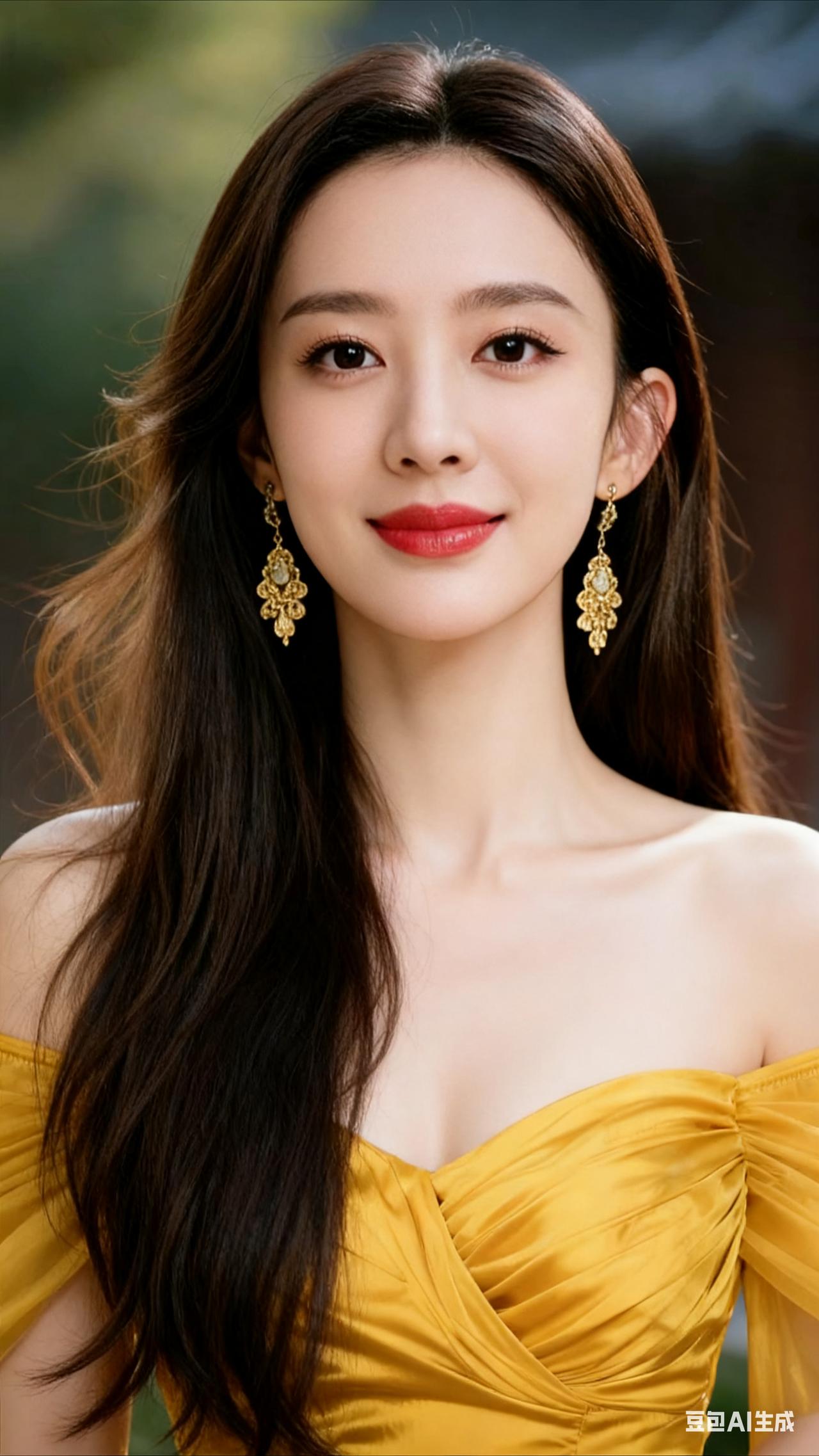 优雅气质，黄金耳环点缀，黄色礼服闪耀，完美女神范儿！💃💍✨