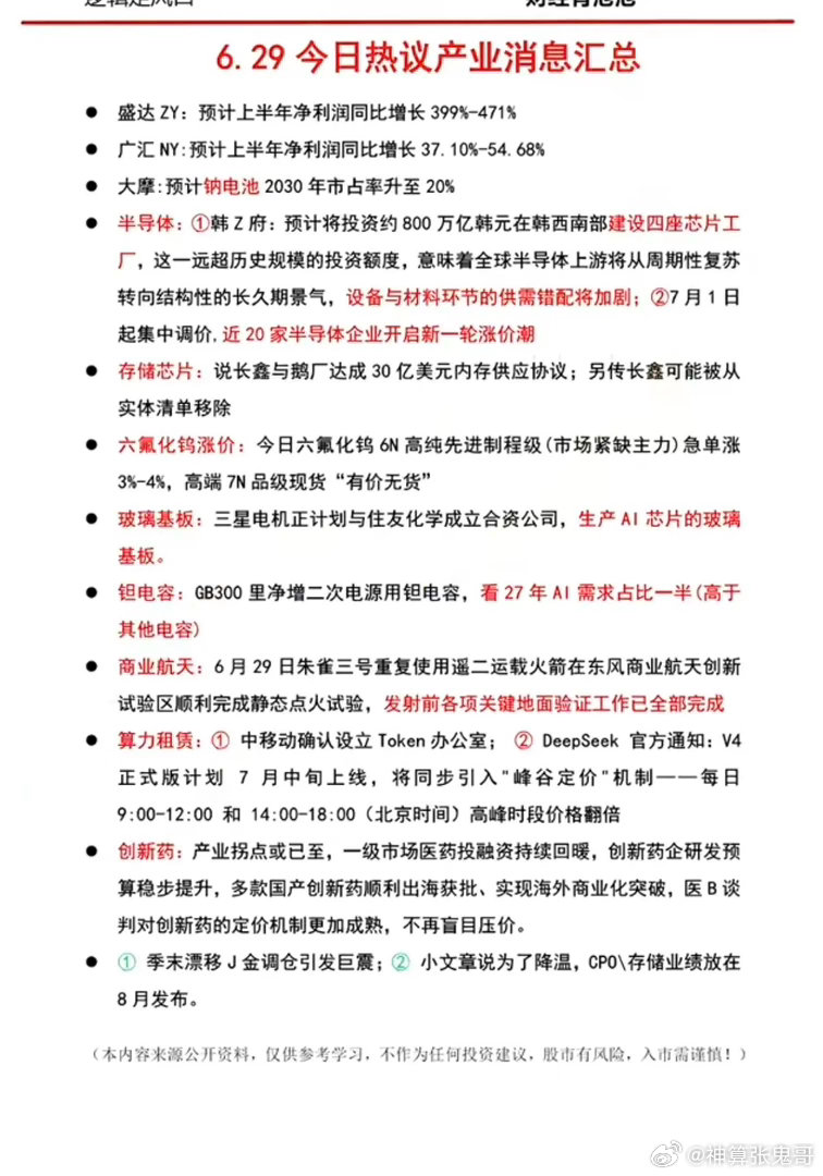 6.29周一  晚间：财经热点信息参考！1.钠离子电池2.半导体设备、半导体材料