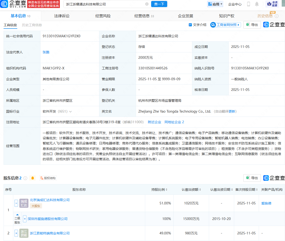 爱施德等新设科技公司，含智能无人飞行器销售业务