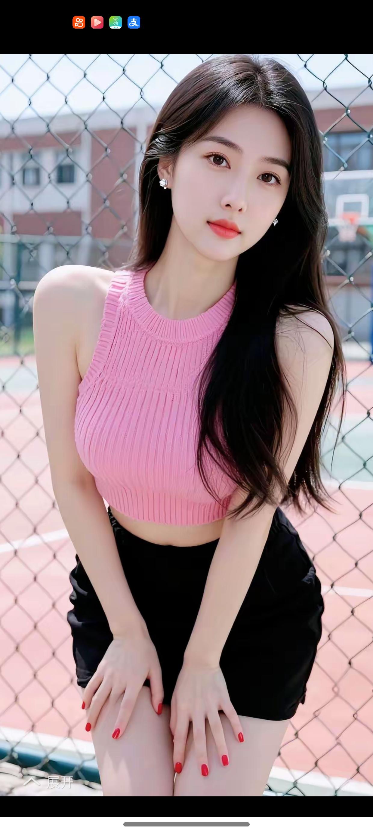 粉衣少女倚栏立，红唇轻启笑春风。