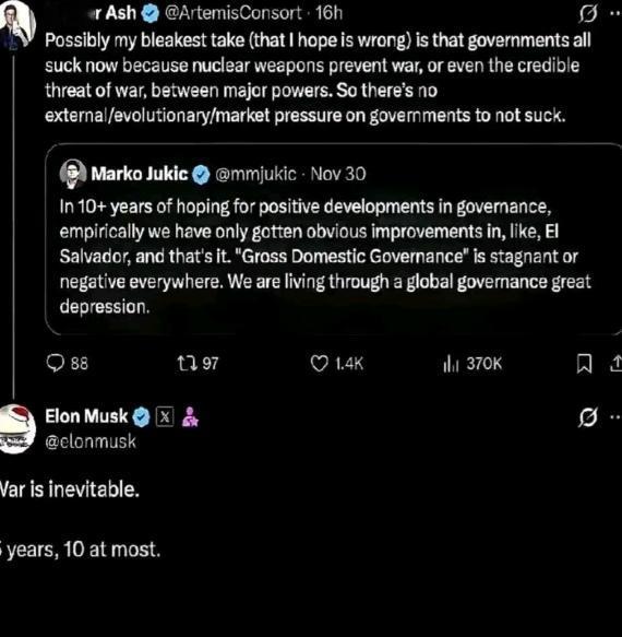 马斯克凌晨3点不睡觉，直接给全世界泼了一盆凉水。他在网上断言：战争无法避免，就在