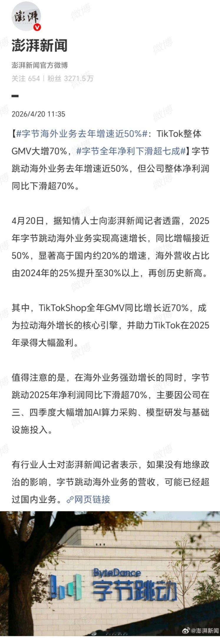 字节跳动去年净利润下滑超70%字节海外业务增速近50%，TikTok Shop更