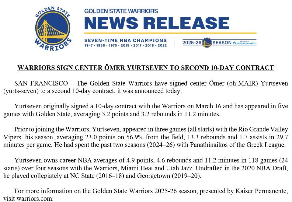 勇士已与中锋奥默-尤尔特塞文签下第二份10天短合同。勇士官方发布