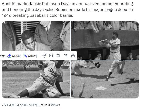 1947年4月15日，杰基·罗宾逊（Jackie Robinson）身穿42号球