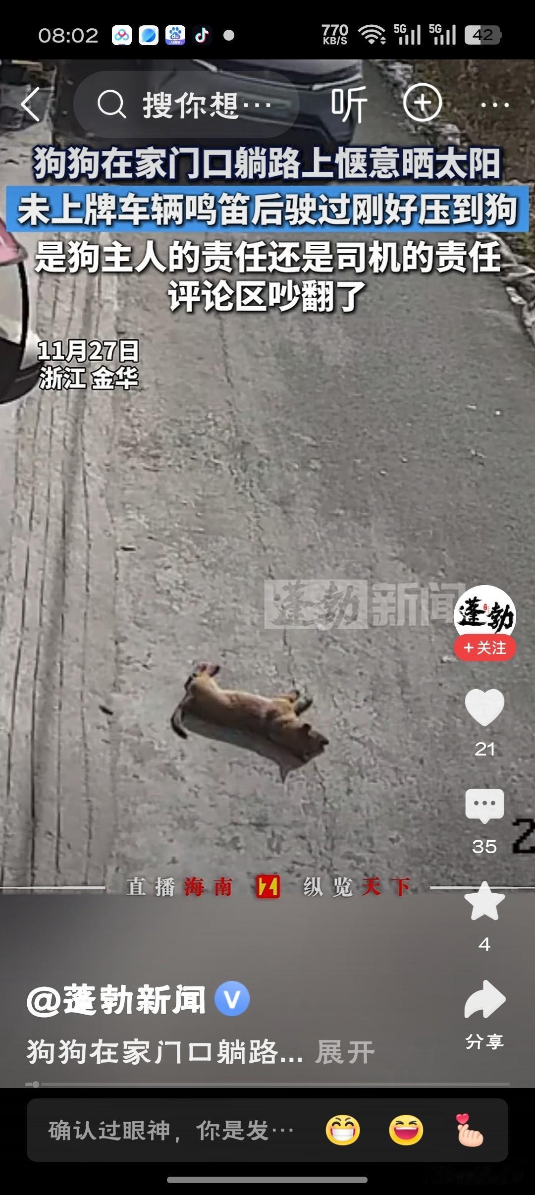 狗在路中间睡觉司机鸣笛无效后辗压狗卧大道当自家炕，司机鸣笛不醒反成“垫背”——生