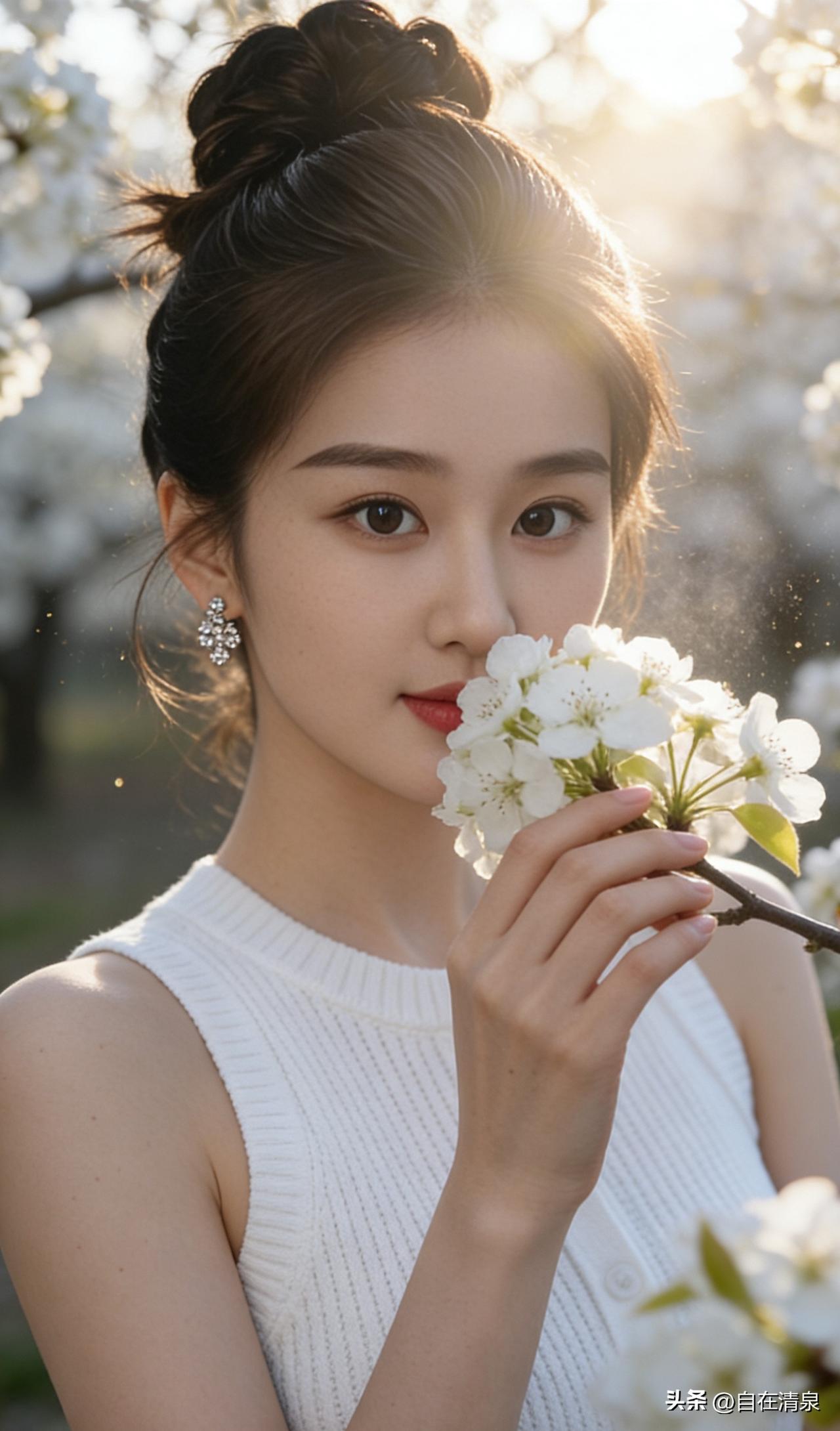 佳人花畔梦

她，似仙子踱步花径

繁花似锦，却难掩她清丽

粉腮映着嫣红，眼波