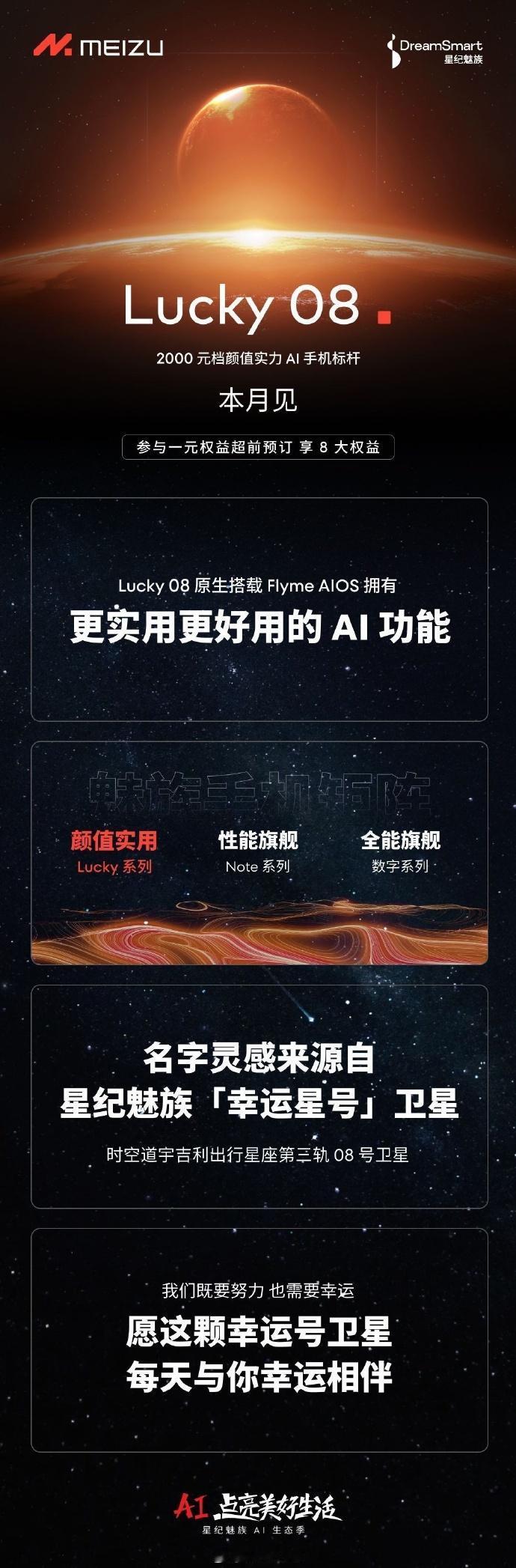 魅族官宣了手机新系列，命名为Lucky 08，定位2000元档颜值实力AI手机标