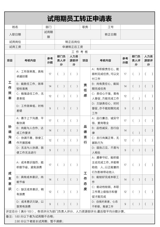 试用期员工转正申请表