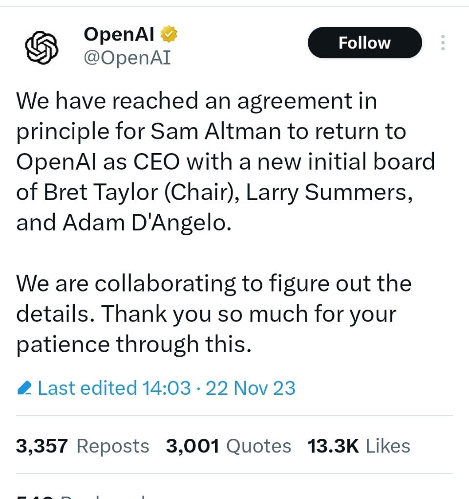 更新：Sam Altman 没有成为微软员工，而是重新担任 OpenAI 的 C