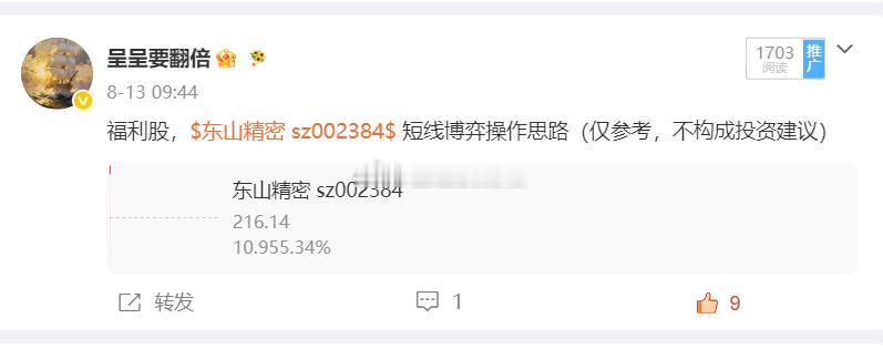 $东山精密 sz002384$ T+2涨幅8.4%，还在车上的注意利润！ 