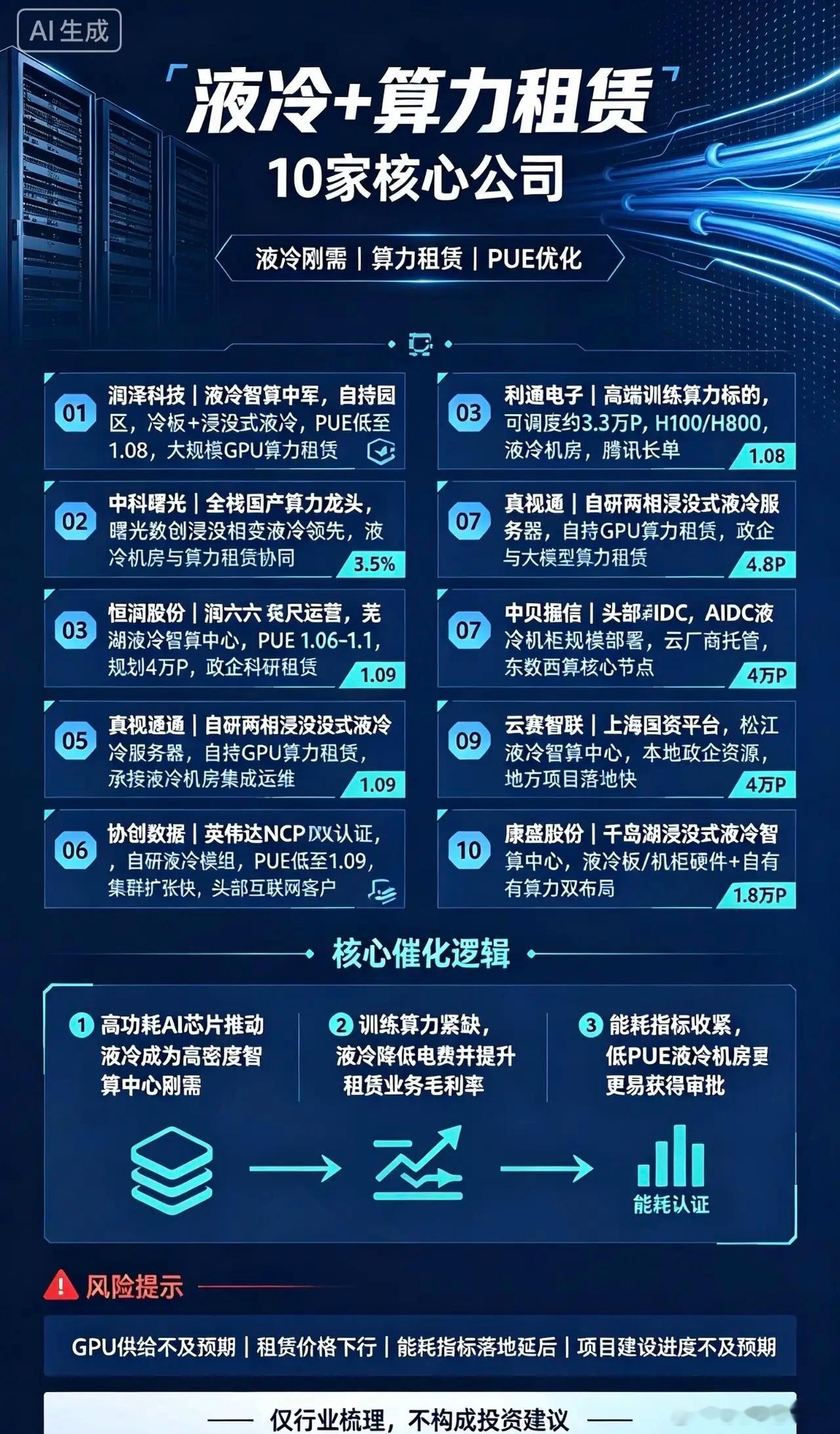 液冷+算力租赁10家核心公司1、润泽科技液冷智算中军，全国多座自持智算园区，冷板