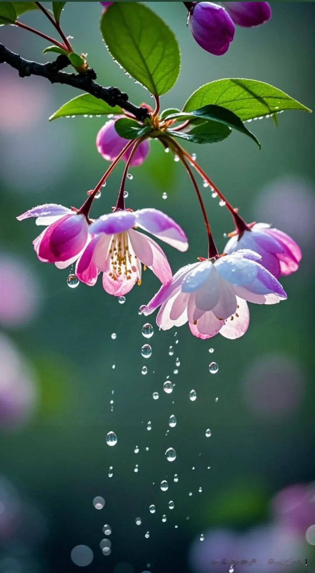 《雨后幻梦：悬垂的海棠光影诗》
 
春霖初歇，琉璃世界里悬垂着几簇梦幻的星芒。粉