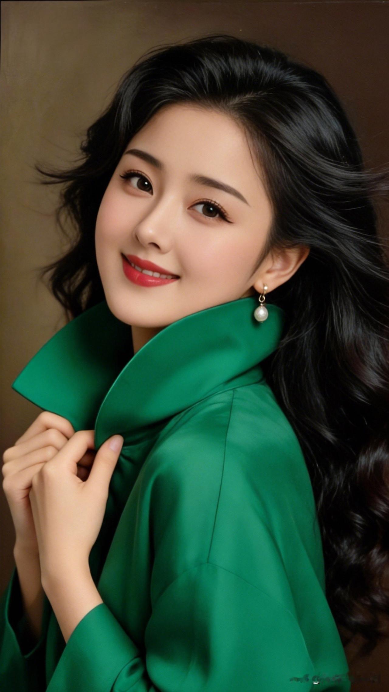 优雅绿衣女郎，微笑动人，珍珠耳环点缀，气质非凡！🌿💎每日搭配分享·时尚穿搭