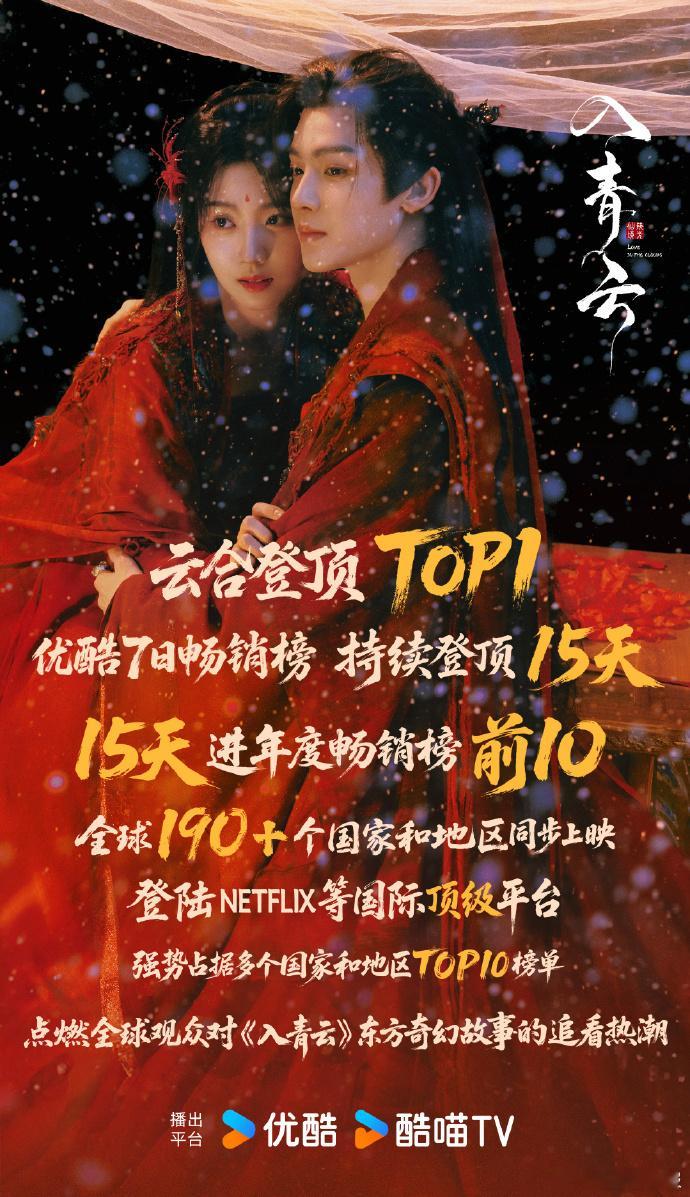 《入青云》用十五天时间跻身畅销榜前十，同时在优酷畅销榜上保持了十五天的登顶状态，