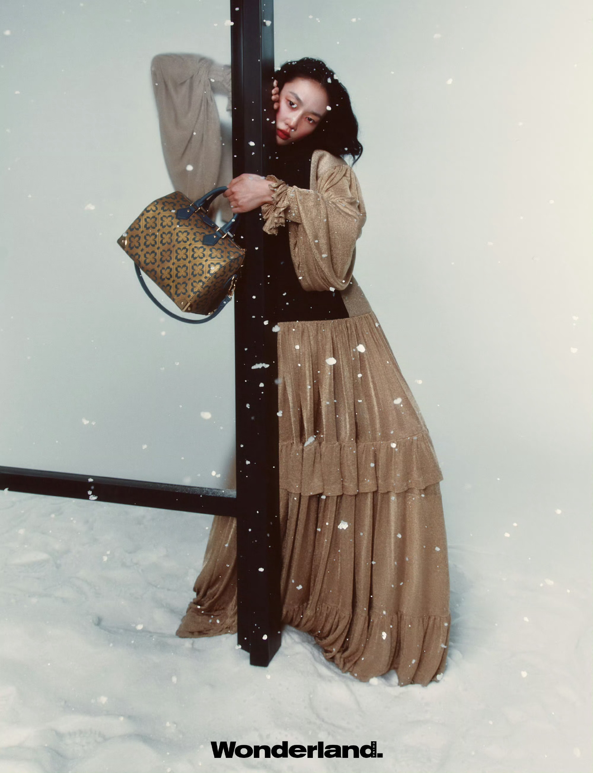 雪在夜色中缓缓落下。车站的玻璃蒙上一层薄雾，暖光从里面透出来。她在这里停留，手中