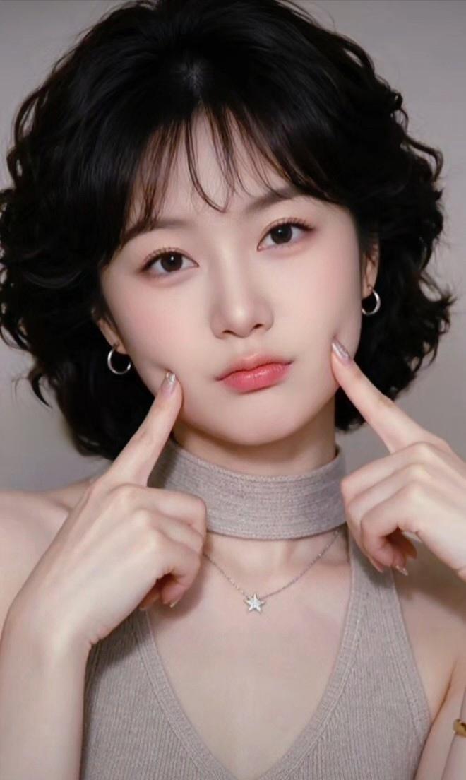 这位美女在自拍，手指比出心形。