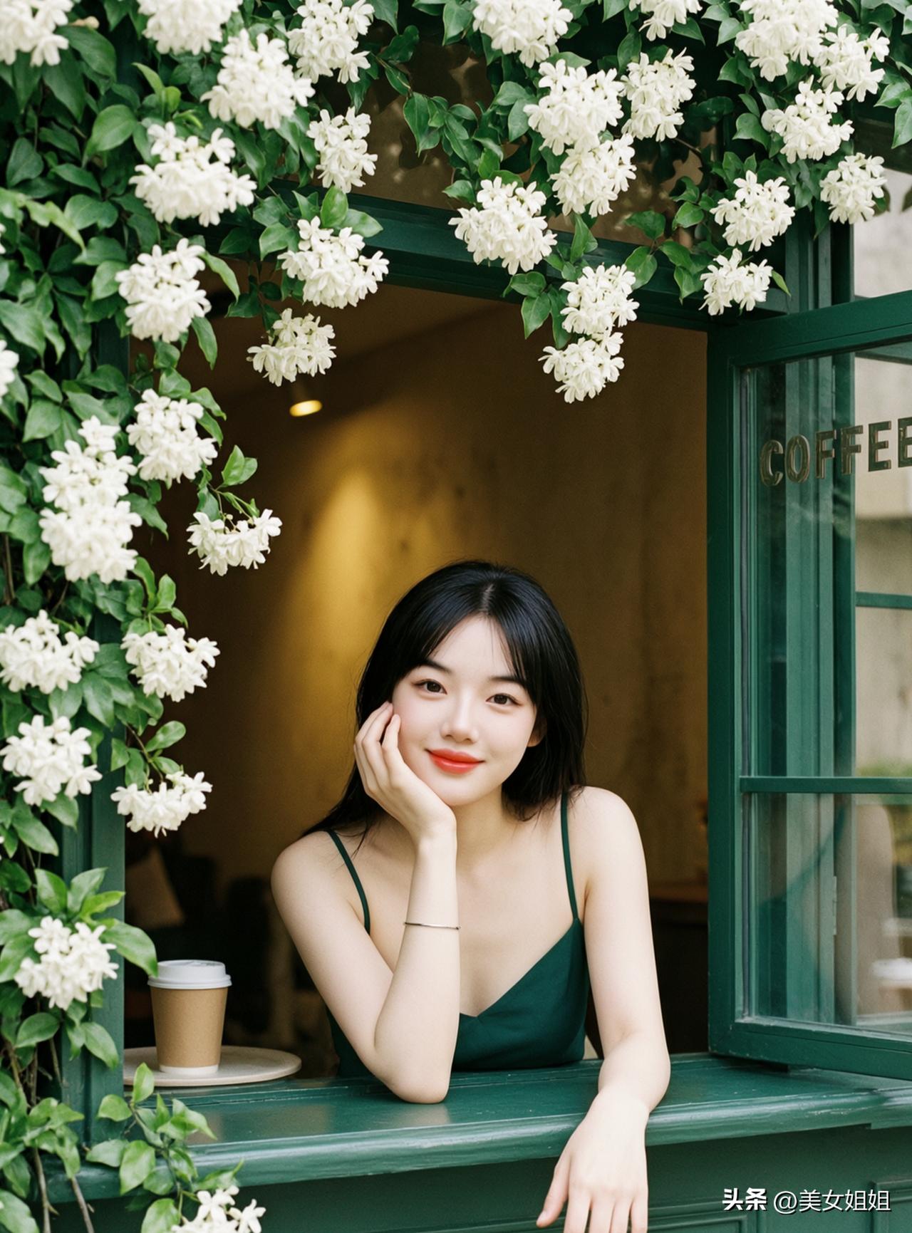 咖啡馆的浪漫时光，花丛中的微笑女孩