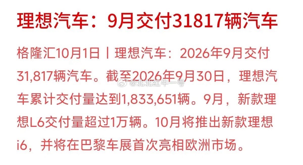 月交付超3.1万辆，累计交付突破183万辆大关！理想汽车9月的这份成绩单依然稳健