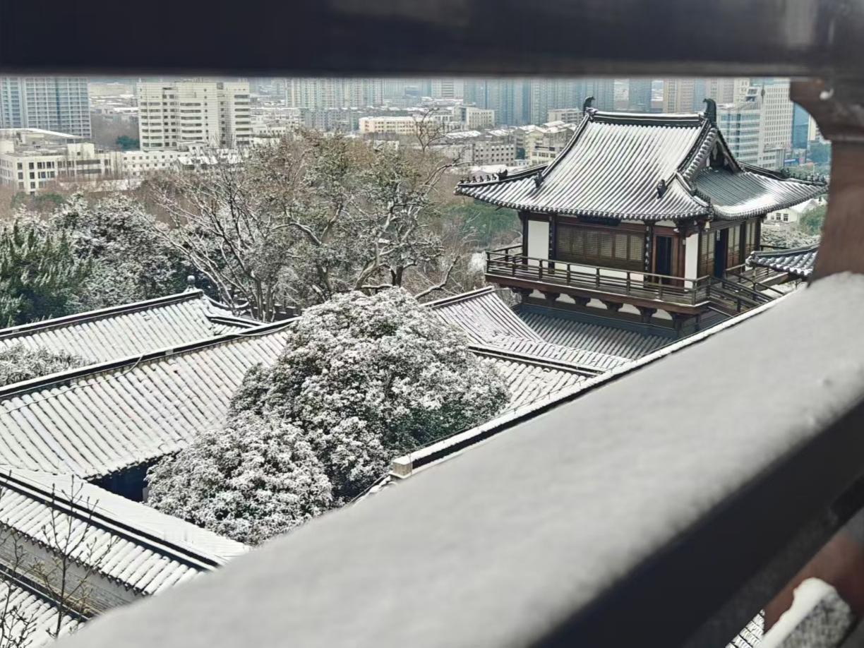 古檐驮着雪，与远处的楼宇对望，一半是尘世烟火，一半是岁月缄默。
✨ 雪把黛瓦铺成