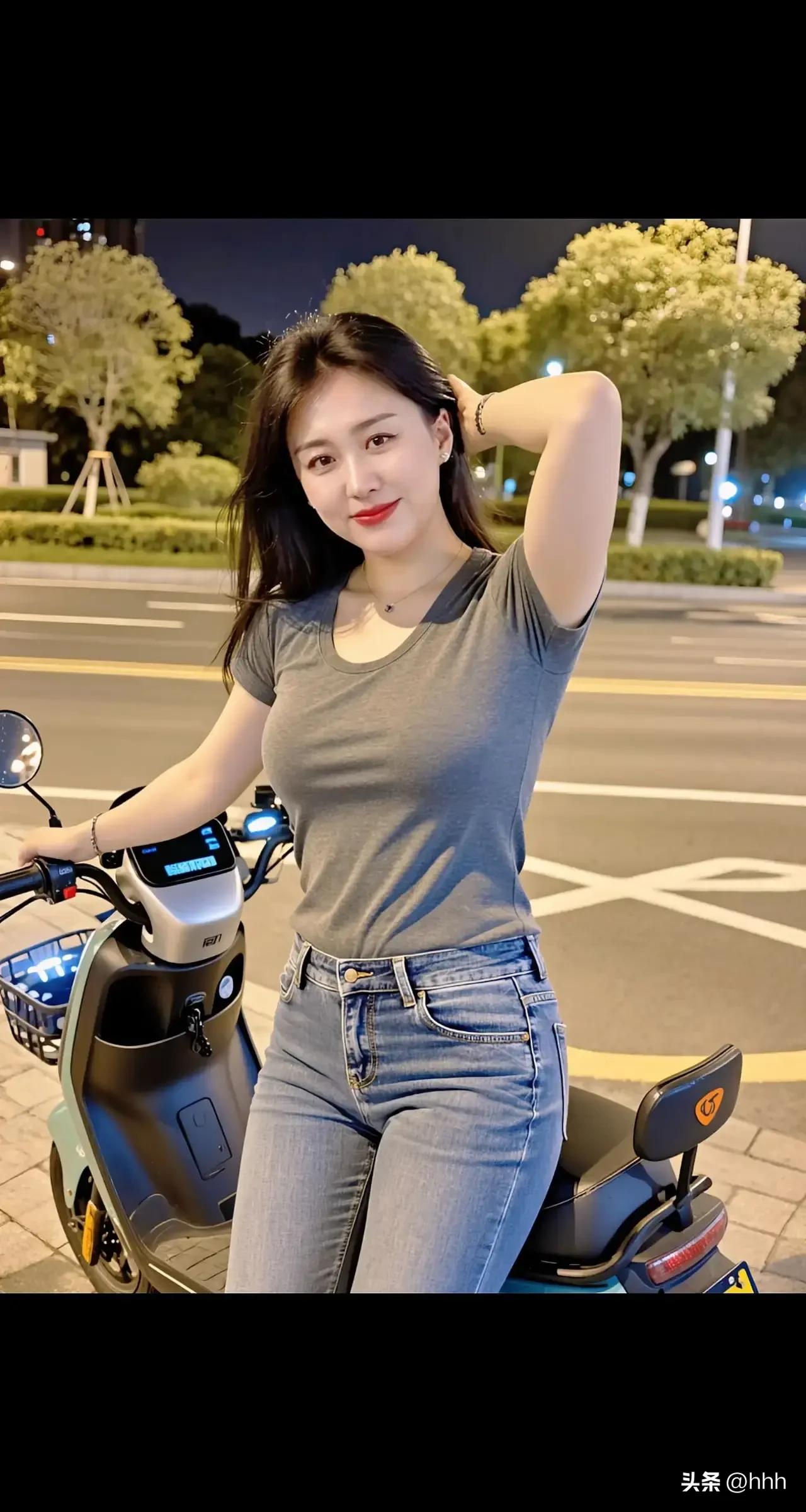 夜晚的街角，她骑着心爱的电动车，微笑着看向镜头。