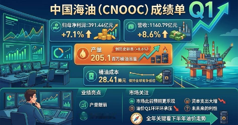 中国海油一季度成绩单亮眼，净利润391.44亿，同比涨7.1%，产量创新高，达到