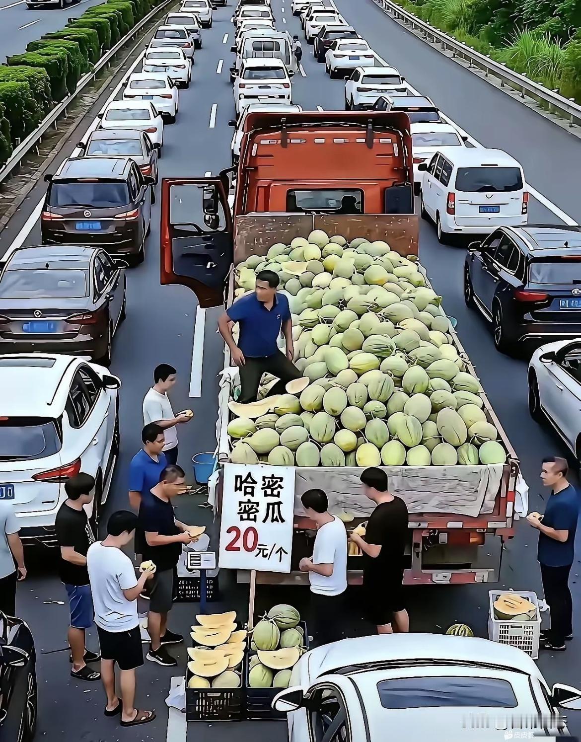 我谁都不服，就服我叔叔，国庆路上堵车，我叔叔索性做起了生意，就这样一车的哈密瓜就