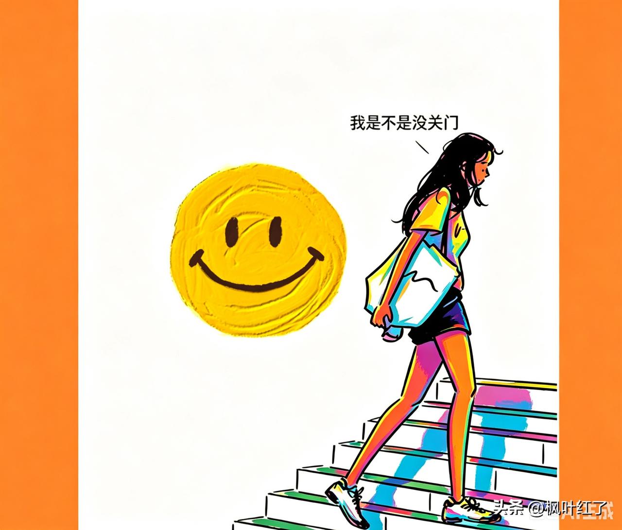 同事上班，每星期总要迟到一两回。每次她都不好意思的说“已经下楼了，总觉得家里的门