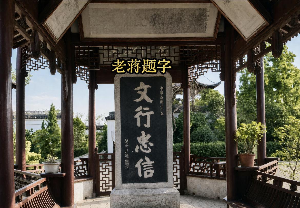 1931年，蒋中正给黄金荣的私家园林黄家花园（今桂林公园）题的《文行忠信》四个大