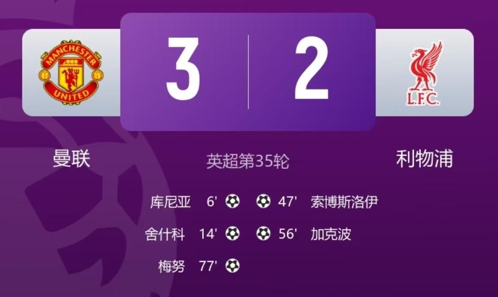 英超第35轮，曼联坐镇主场迎战利物浦，最终凭借梅努的致胜进球，曼联3：2战胜利物