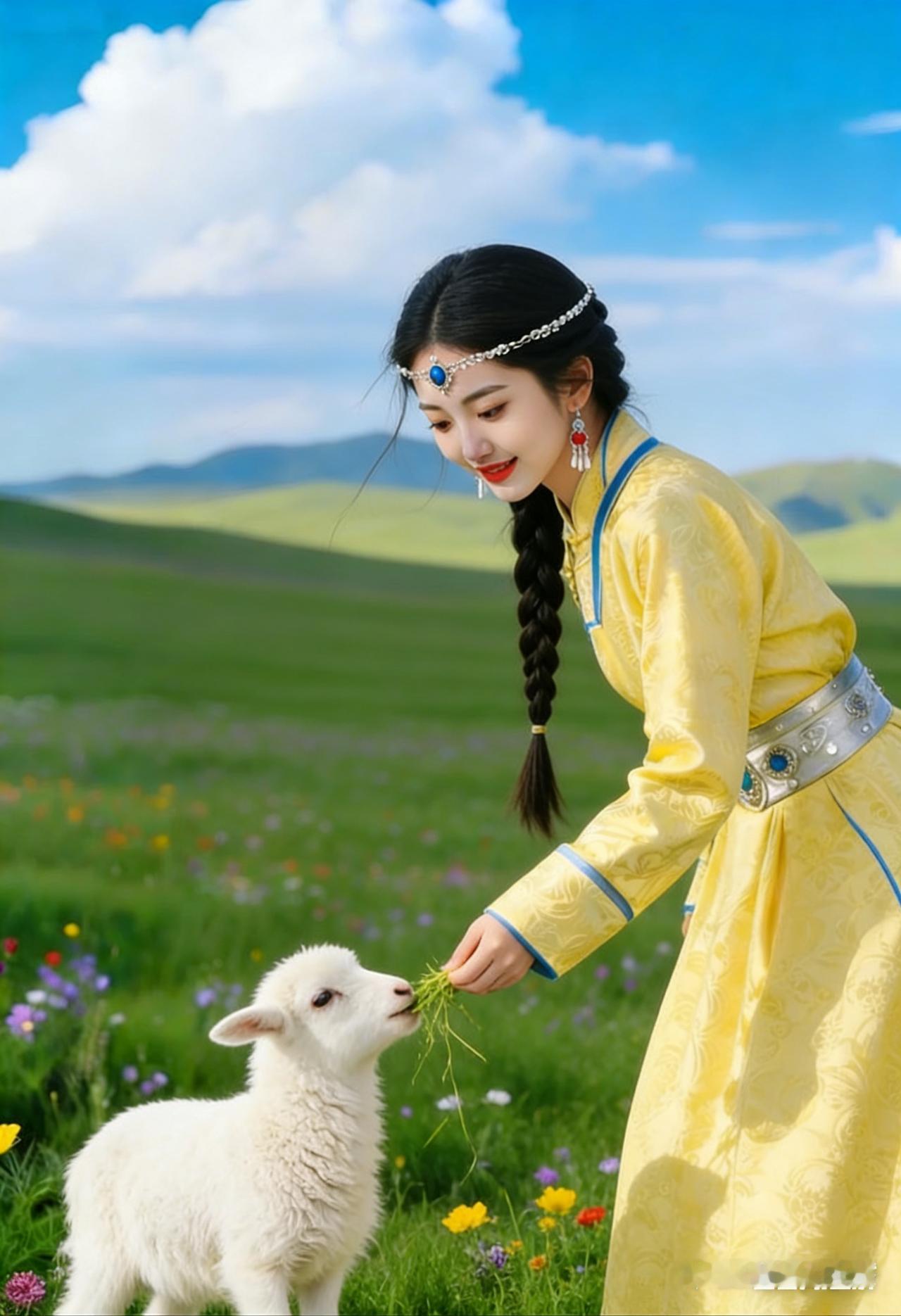 身着明黄色传统蒙古长裙的少女立于草原之上，温柔俯身投喂嫩草，毛茸茸小羊羔亲昵凑上