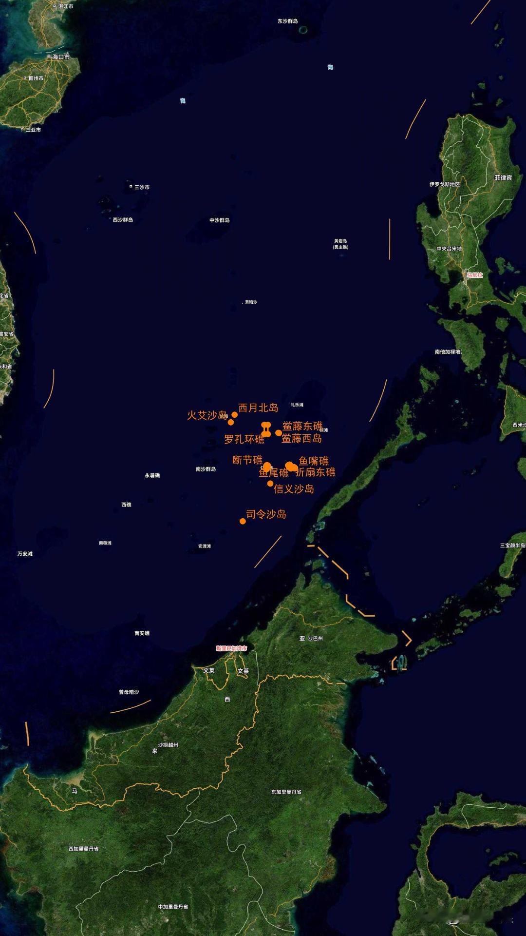 我国南海部分岛礁标准名称示意图（64个）
主要位于南海东南部，靠近菲律宾，重点是