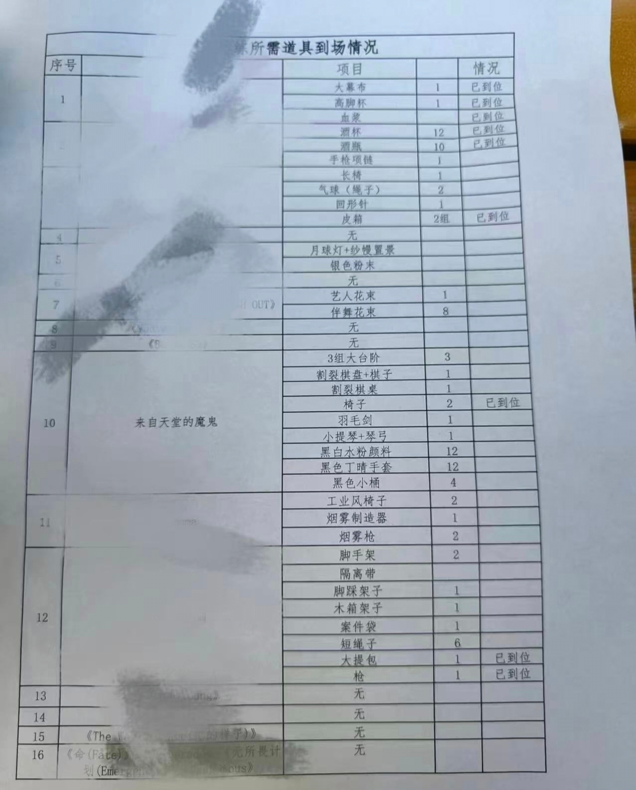 橹穆《来自天堂的魔鬼》好多道具，椅子、棋盘棋桌、小提琴、羽毛剑、手套、小桶...