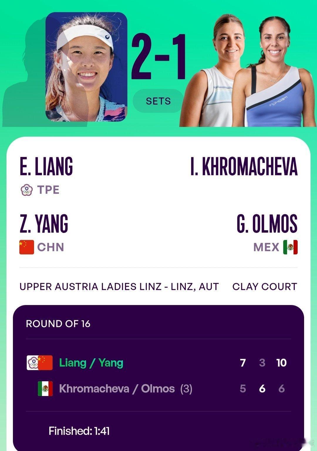 WTA500林茨站🇦🇹女双第1轮海峡组合梁恩硕/杨钊煊🇨🇳7-5/3-6