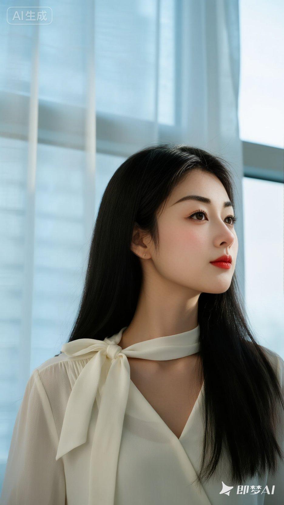 天南地北大拜年知性优雅、美丽大方，黑色长直发，面庞白皙精致，高挺的鼻梁，红润的嘴