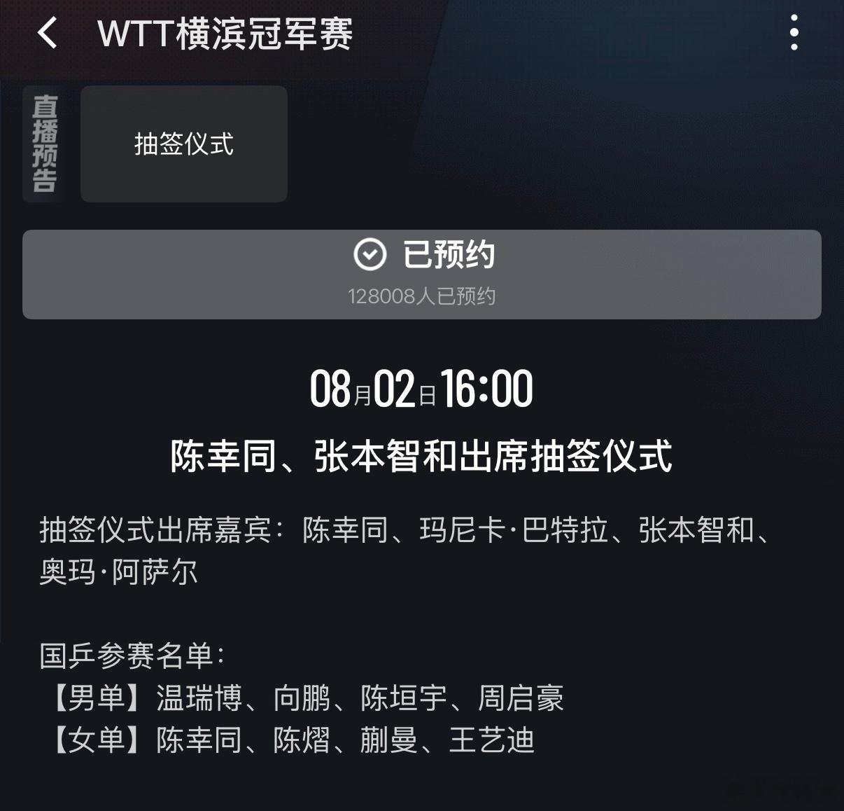 WTT横滨冠军赛今日下午4点举办抽签仪式，欢迎收看。 