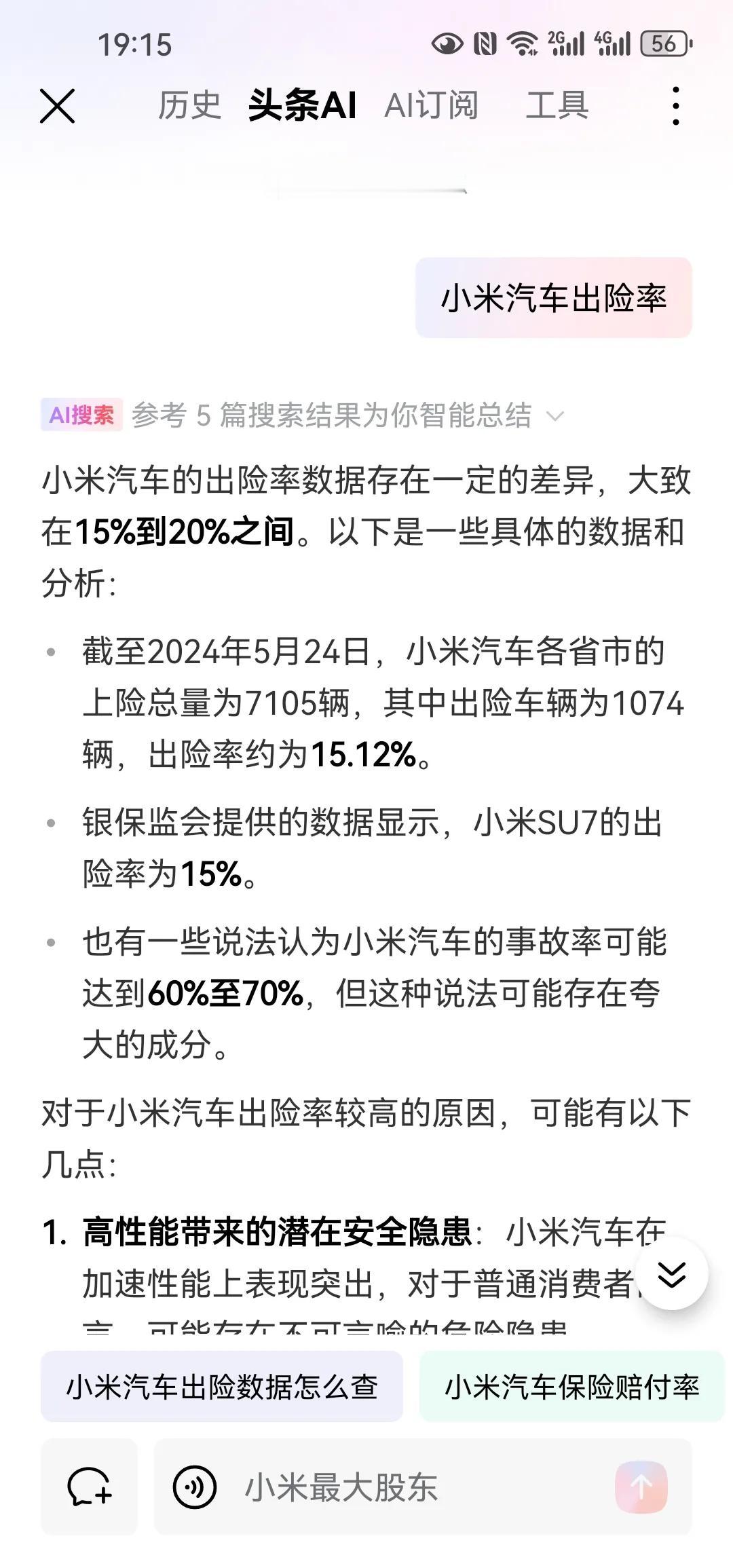 在今日头条上搜索小米汽车出险率！大家看吧！15%太可怕了😱😱😱！这个数据指