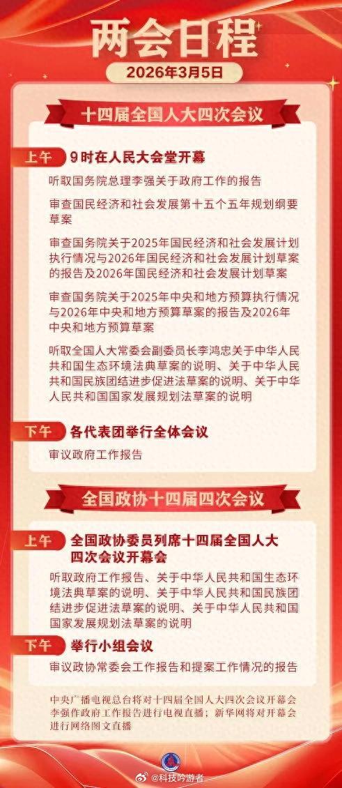 3月5日：十四届全国人大四次会议上午9时开幕2026年全国两会  两会日程预告丨